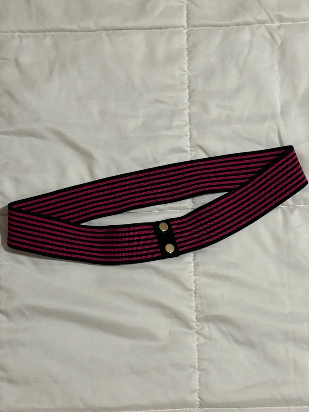Diane Von Furstenberg Pink and Black Striped Elastic Waist Belt with Gold Snaps